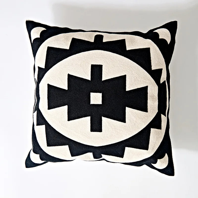 Black Grey Geometric Embroidery Pillow Cushion Cover - Brasss Living