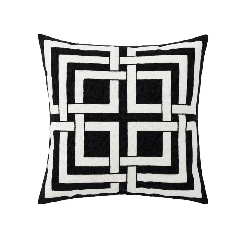 Black Grey Geometric Embroidery Pillow Cushion Cover - Brasss Living