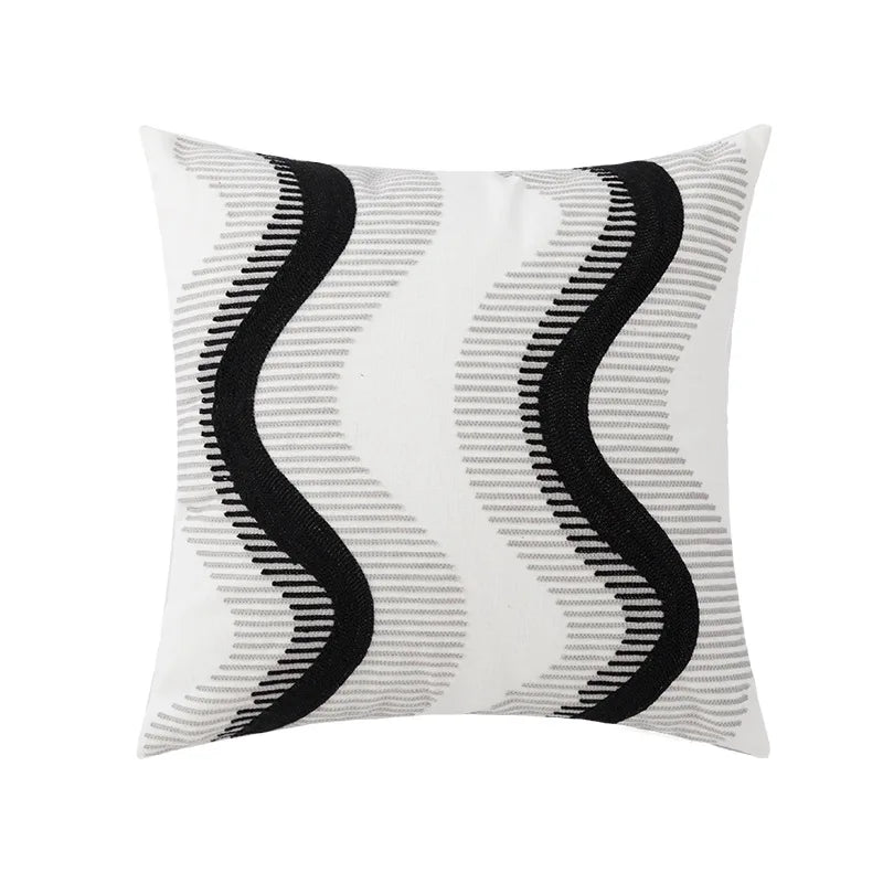 Black Grey Geometric Embroidery Pillow Cushion Cover - Brasss Living