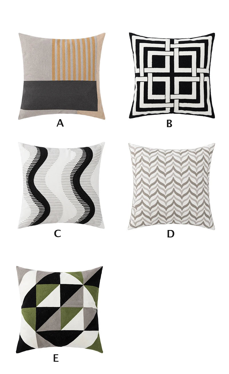 Black Grey Geometric Embroidery Pillow Cushion Cover - Brasss Living