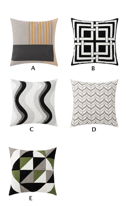 Black Grey Geometric Embroidery Pillow Cushion Cover - Brasss Living