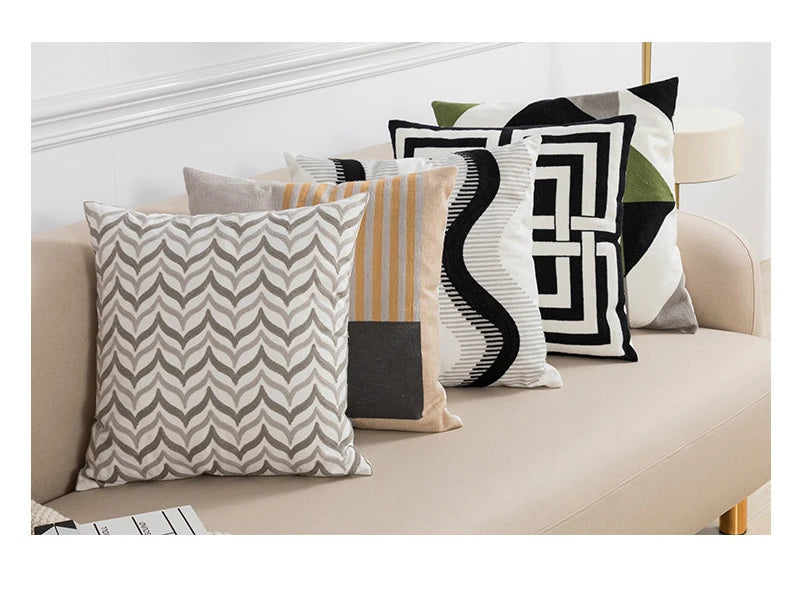 Black Grey Geometric Embroidery Pillow Cushion Cover - Brasss Living