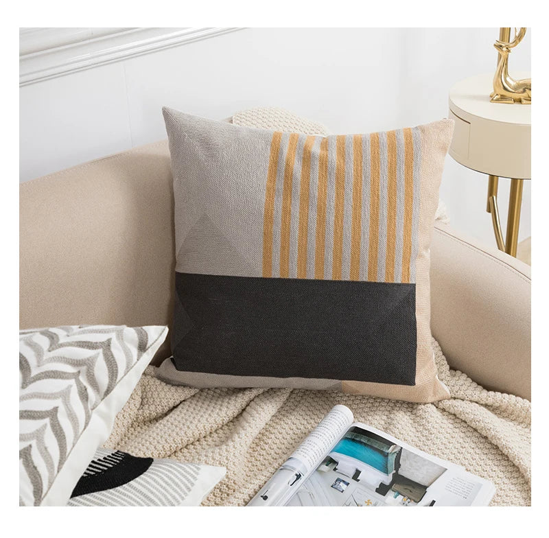 Black Grey Geometric Embroidery Pillow Cushion Cover - Brasss Living