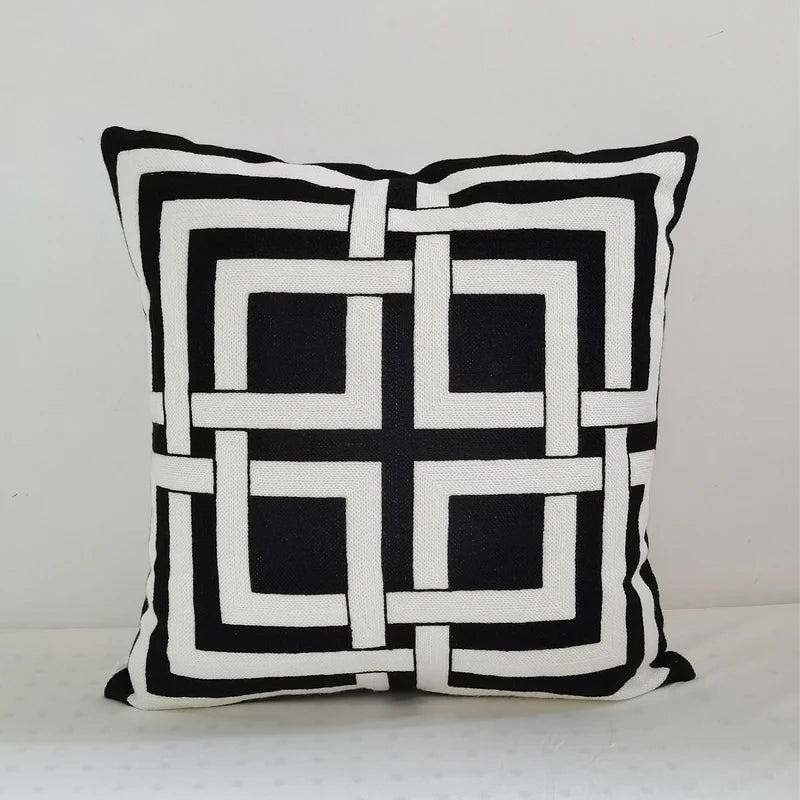 Black Grey Geometric Embroidery Pillow Cushion Cover - Brasss Living