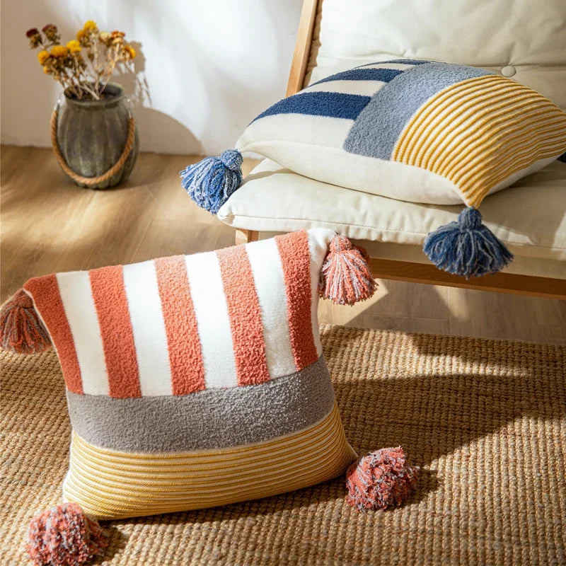 Blue Pink Stripe Knit Cushion Cover with Tassles Pillow - Brasss Living