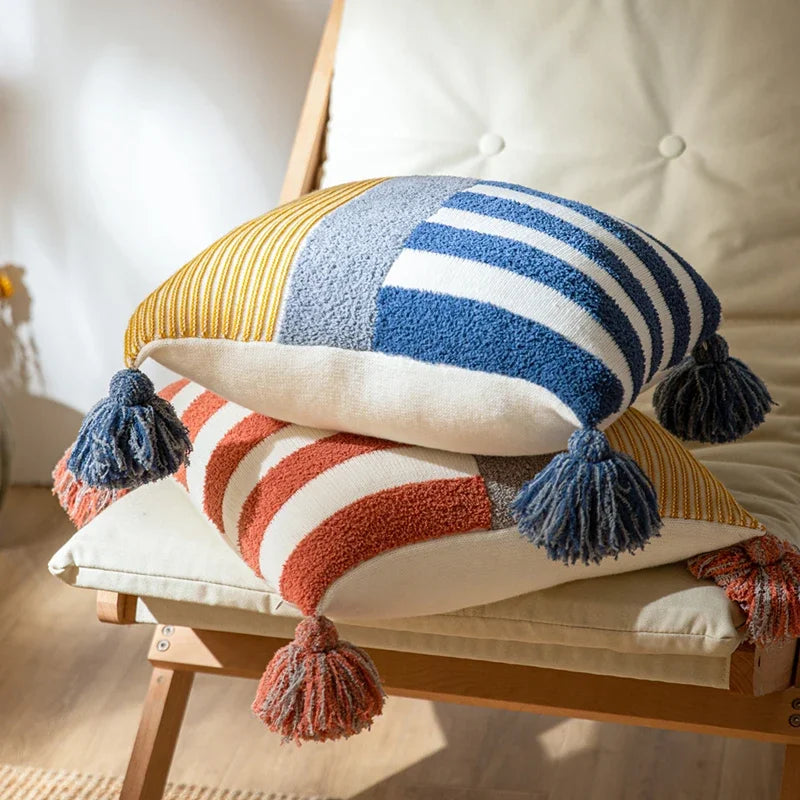 Blue Pink Stripe Knit Cushion Cover with Tassles Pillow - Brasss Living