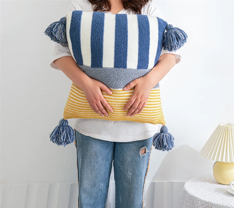 Blue Pink Stripe Knit Cushion Cover with Tassles Pillow - Brasss Living