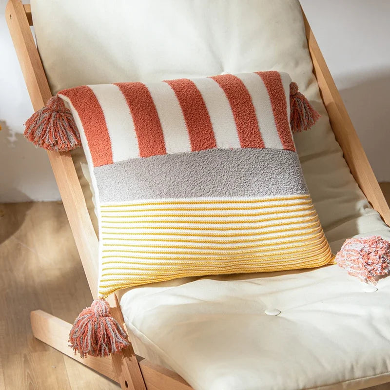 Blue Pink Stripe Knit Cushion Cover with Tassles Pillow - Brasss Living