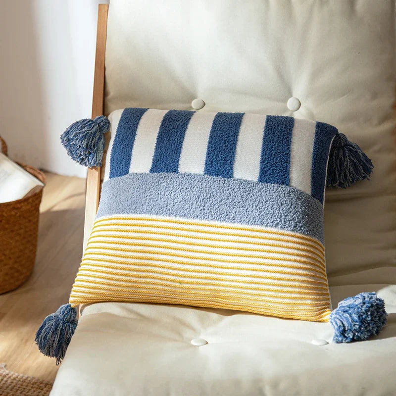 Blue Pink Stripe Knit Cushion Cover with Tassles Pillow - Brasss Living