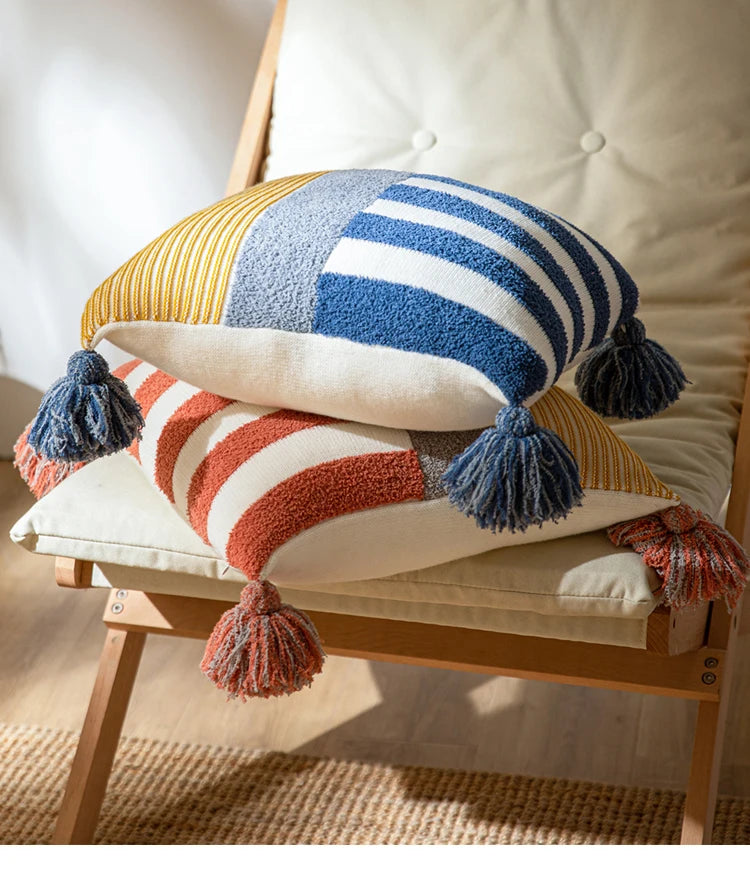 Blue Pink Stripe Knit Cushion Cover with Tassles Pillow - Brasss Living