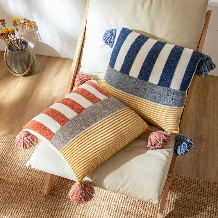 Blue Pink Stripe Knit Cushion Cover with Tassles Pillow - Brasss Living