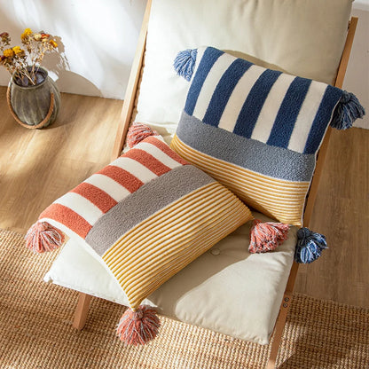 Blue Pink Stripe Knit Cushion Cover with Tassles Pillow - Brasss Living