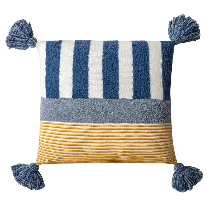 Blue Pink Stripe Knit Cushion Cover with Tassles Pillow - Brasss Living