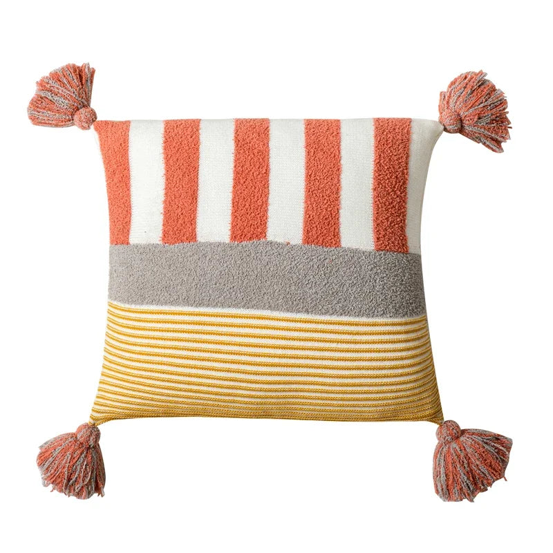 Blue Pink Stripe Knit Cushion Cover with Tassles Pillow - Brasss Living