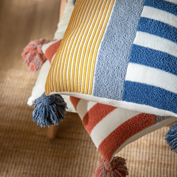 Blue Pink Stripe Knit Cushion Cover with Tassles Pillow - Brasss Living