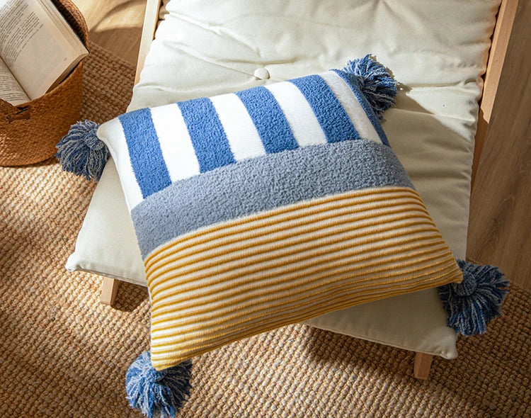 Blue Pink Stripe Knit Cushion Cover with Tassles Pillow - Brasss Living