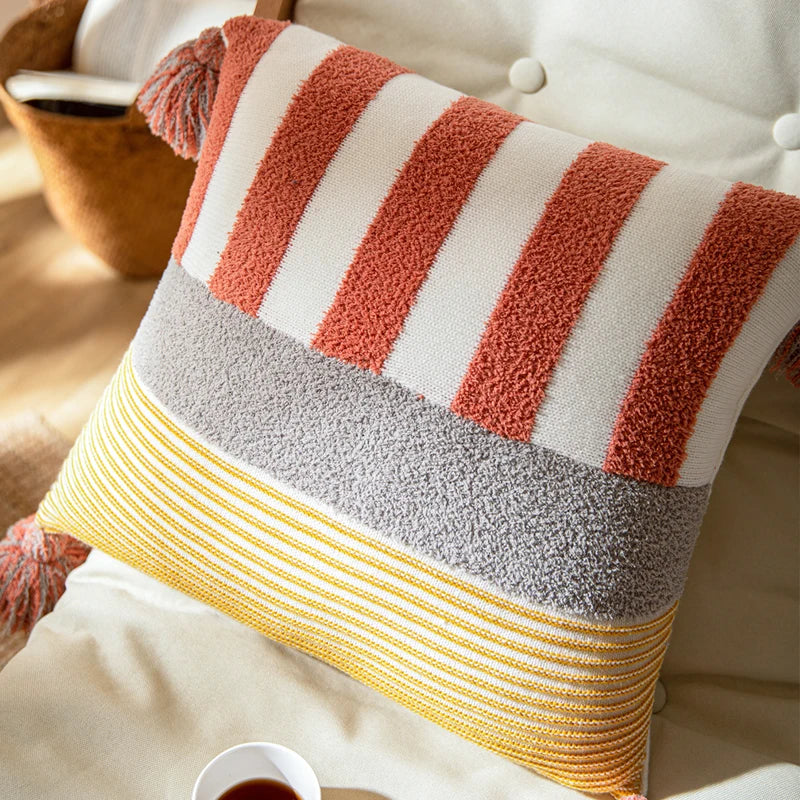 Blue Pink Stripe Knit Cushion Cover with Tassles Pillow - Brasss Living