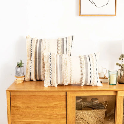 Bohemian Beige Cotton Pillow Cushion Cover - Brasss Living