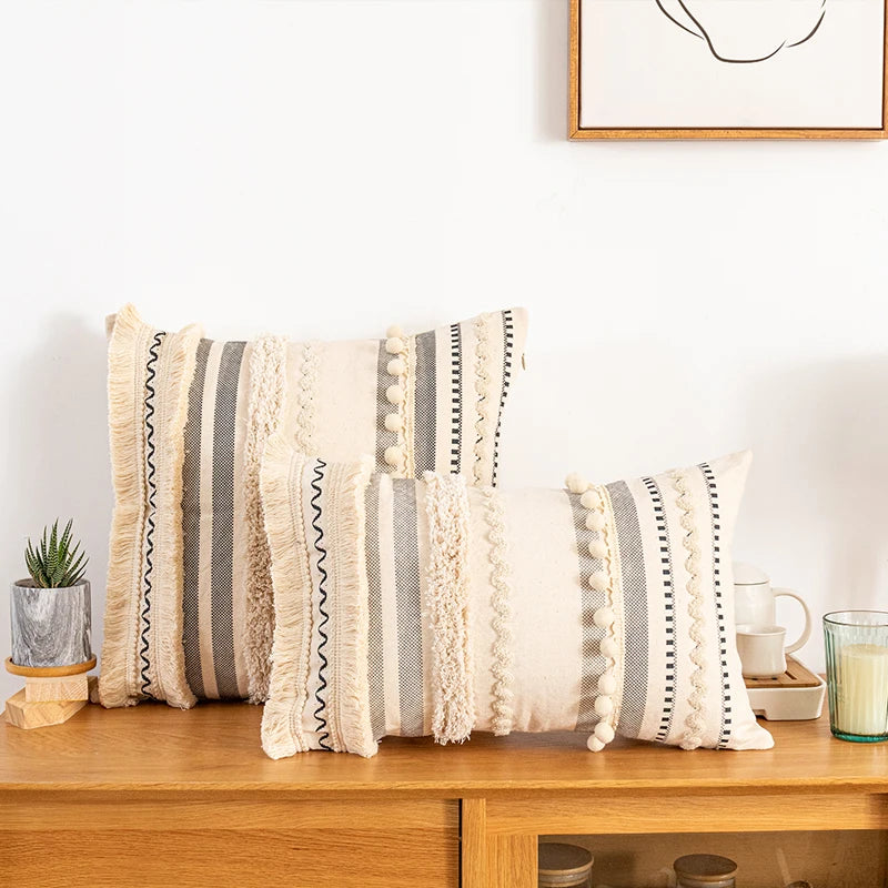 Bohemian Beige Cotton Pillow Cushion Cover - Brasss Living