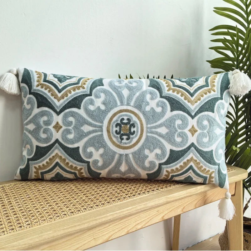 Boho Embroidered Floral Alpaca Elephant Long Lumbar Pillow Cushion Cover - Brasss Living