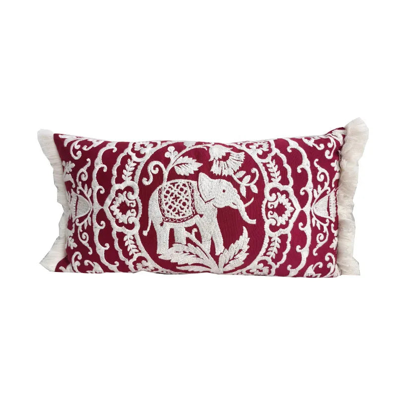 Boho Embroidered Floral Alpaca Elephant Long Lumbar Pillow Cushion Cover - Brasss Living