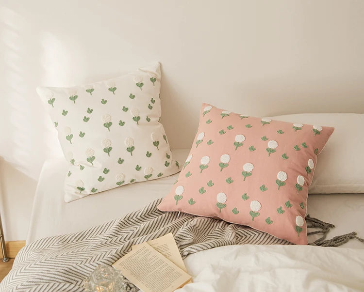 Chic Daisy Dandelion Embroidery Floral Pillow Cushion Cover - Brasss Living