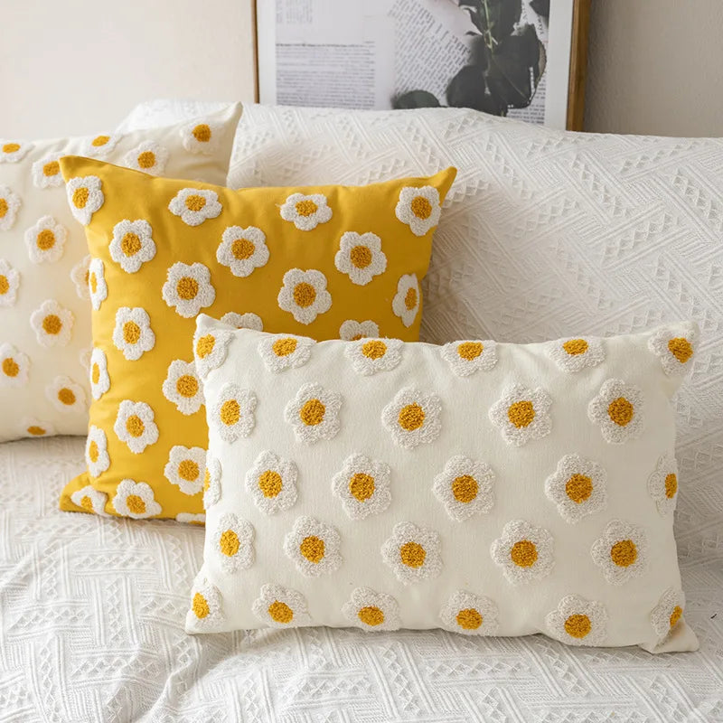 Chic Daisy Floral White Embroidery Pillow Cushion Cover - Brasss Living