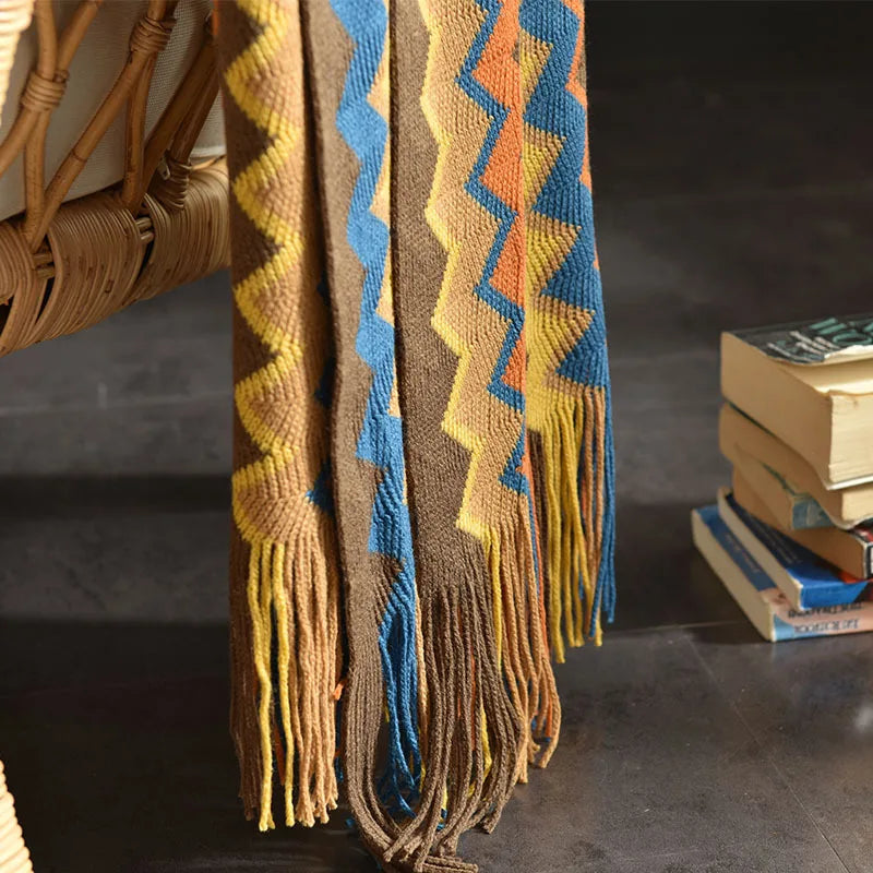 Colorful Zigzag Blanket Sofa Knit Throw Tassels Fringe - Brasss Living