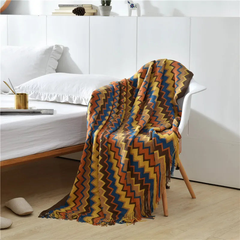 Colorful Zigzag Blanket Sofa Knit Throw Tassels Fringe - Brasss Living