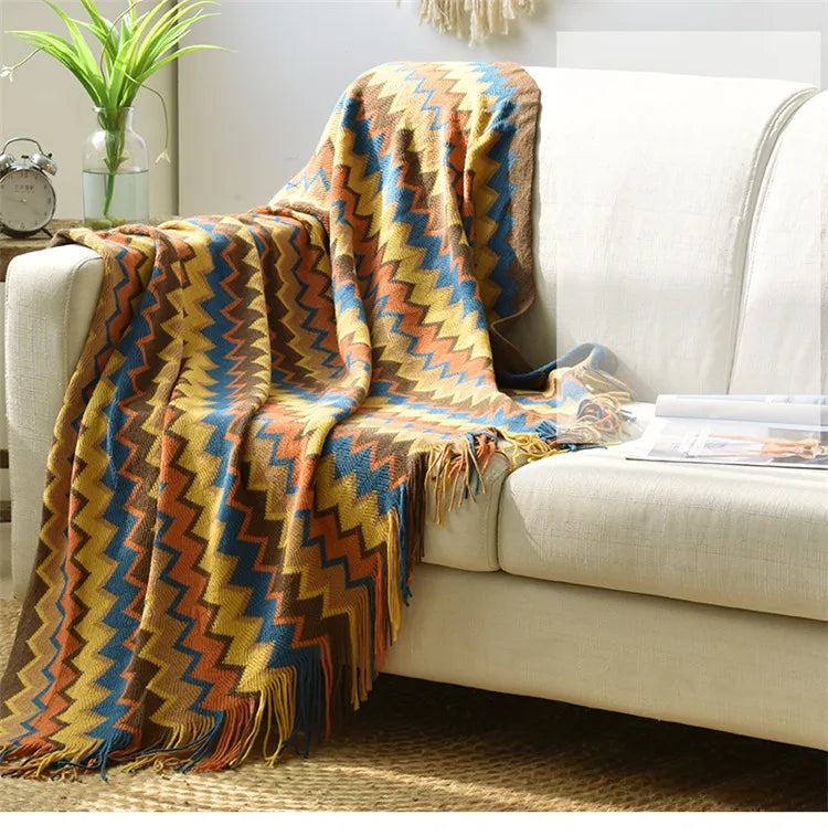 Colorful Zigzag Blanket Sofa Knit Throw Tassels Fringe - Brasss Living