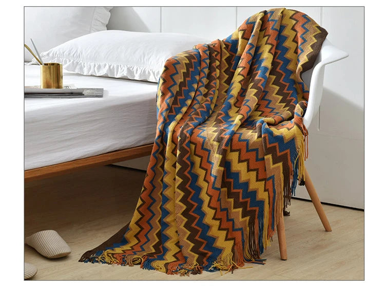 Colorful Zigzag Blanket Sofa Knit Throw Tassels Fringe - Brasss Living