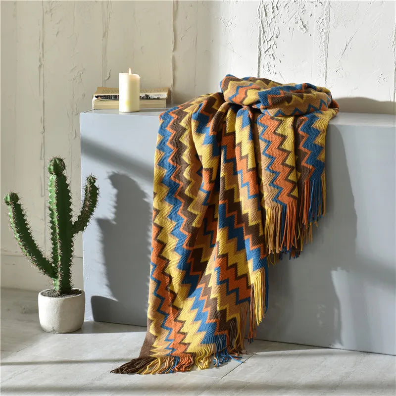 Colorful Zigzag Blanket Sofa Knit Throw Tassels Fringe - Brasss Living