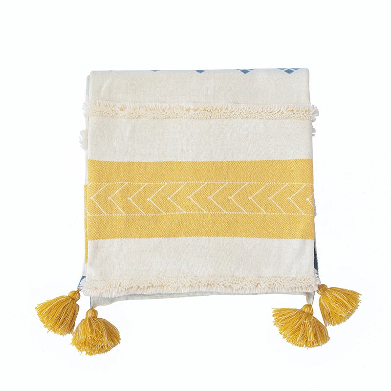 Cotton Blanket Sofa Knit Throw Tassles Yellow Grey - Brasss Living