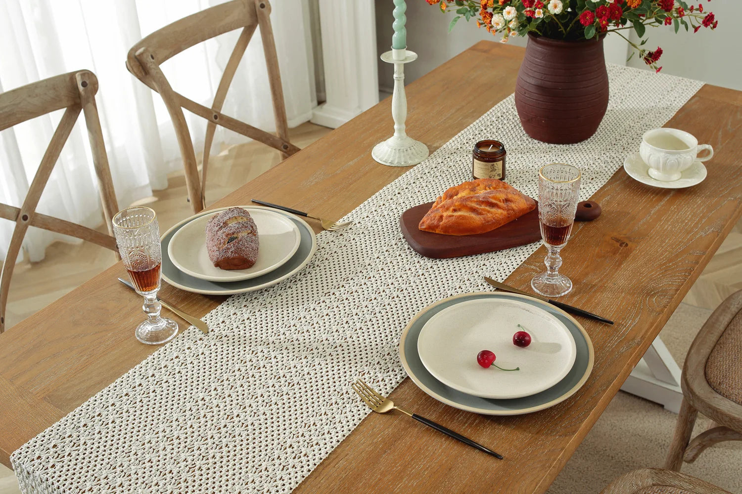 Cotton Linen Table Runner Woven Tassels Fringed Cream Brown - Brasss Living