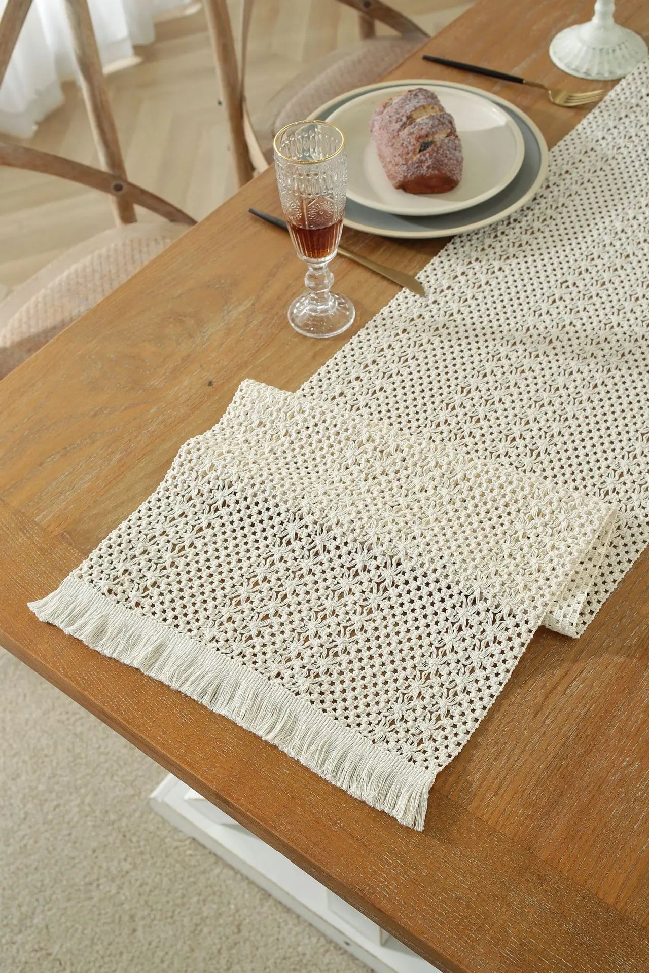 Cotton Linen Table Runner Woven Tassels Fringed Cream Brown - Brasss Living