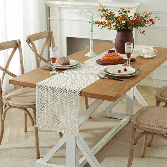 Cotton Linen Table Runner Woven Tassels Fringed Cream Brown - Brasss Living