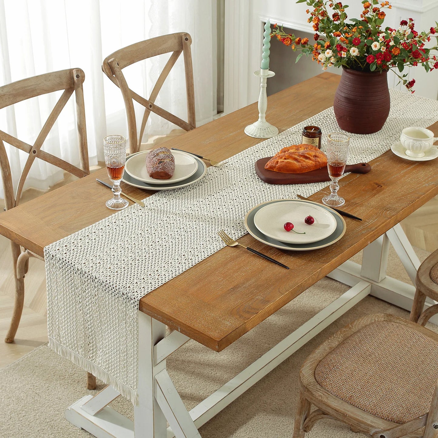 Cotton Linen Table Runner Woven Tassels Fringed Cream Brown - Brasss Living