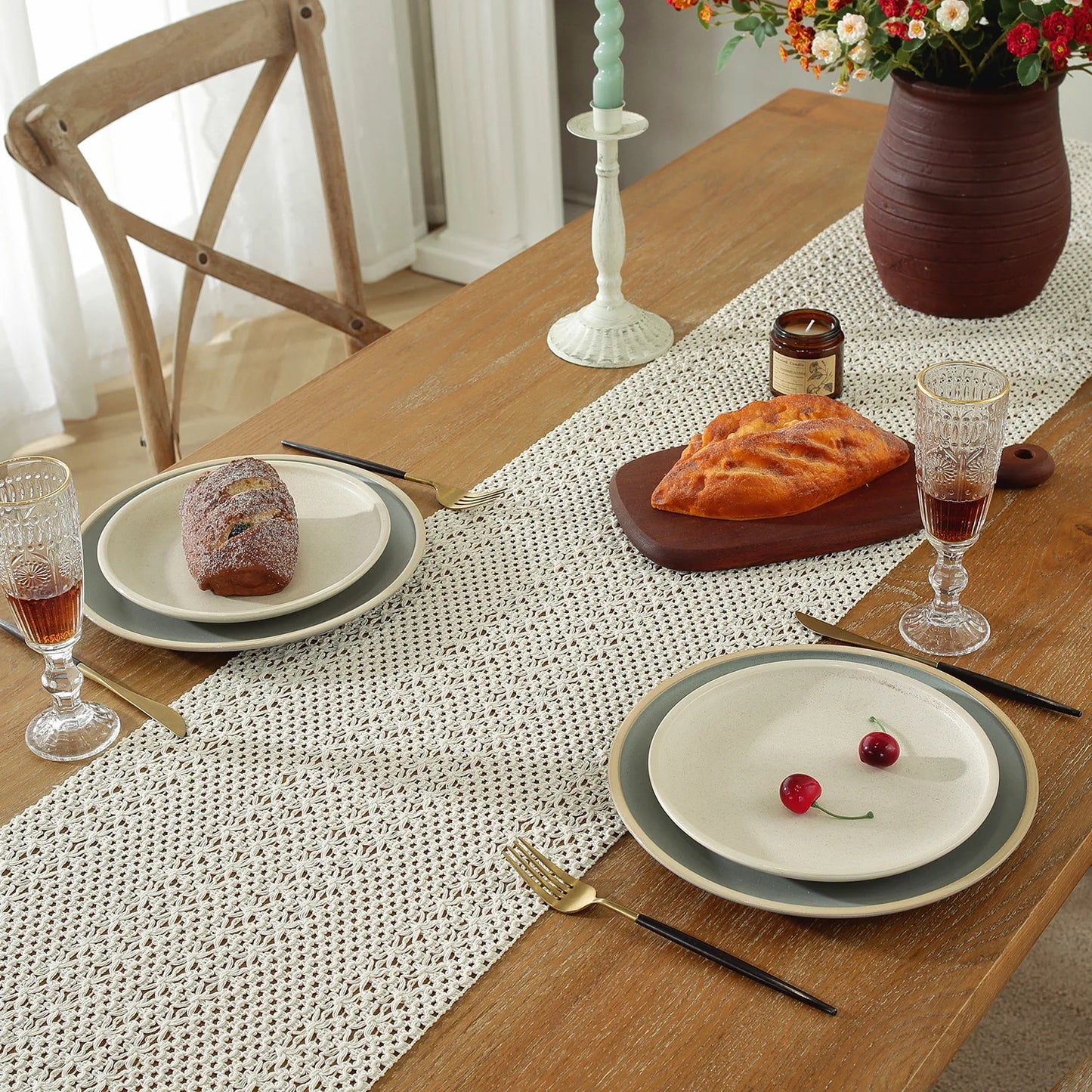 Cotton Linen Table Runner Woven Tassels Fringed Cream Brown - Brasss Living