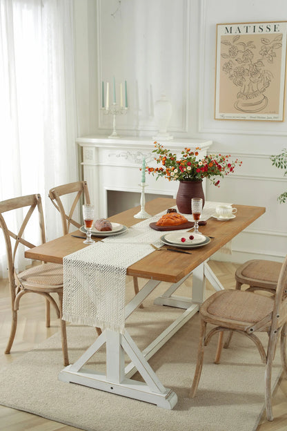 Cotton Linen Table Runner Woven Tassels Fringed Cream Brown - Brasss Living