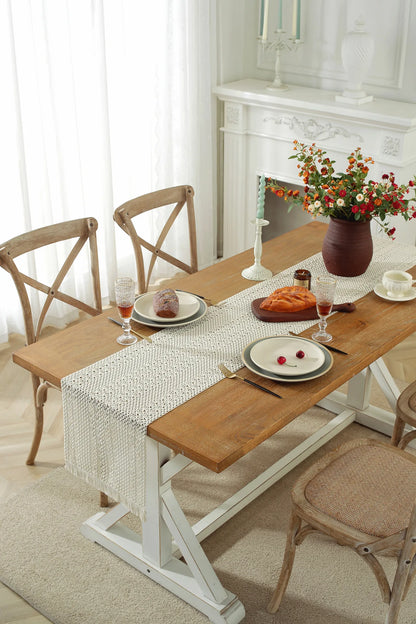 Cotton Linen Table Runner Woven Tassels Fringed Cream Brown - Brasss Living