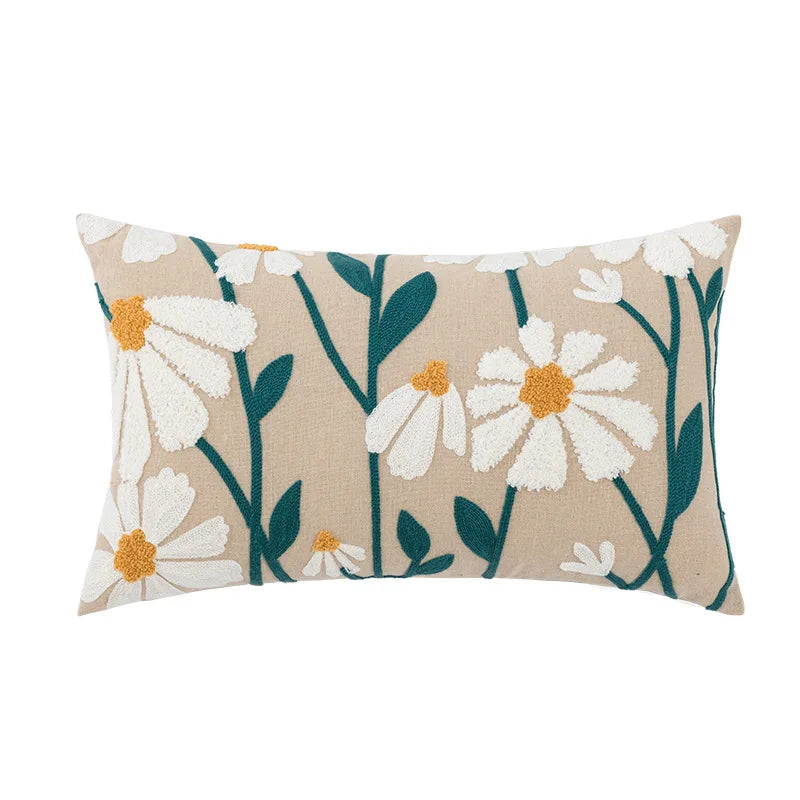 Daisy Floral Geometric Yellow Blue Embroidery Pillow Cushion Cover - Brasss Living