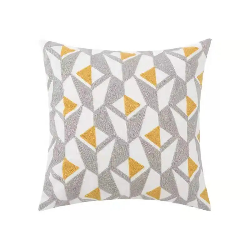 Daisy Floral Geometric Yellow Blue Embroidery Pillow Cushion Cover - Brasss Living