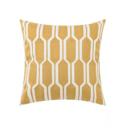 Daisy Floral Geometric Yellow Blue Embroidery Pillow Cushion Cover - Brasss Living