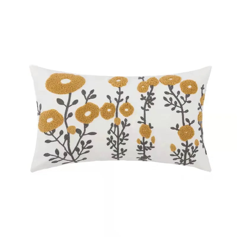 Daisy Floral Geometric Yellow Blue Embroidery Pillow Cushion Cover - Brasss Living