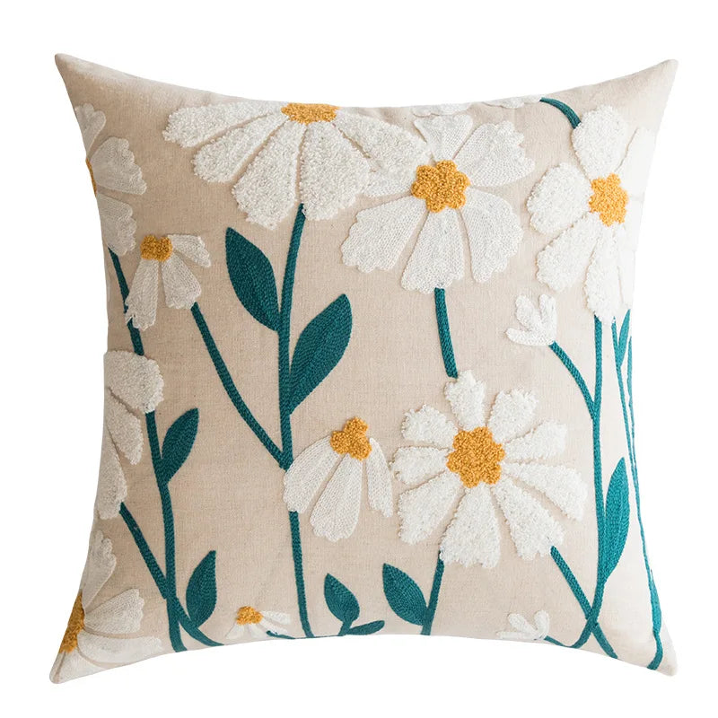 Daisy Floral Geometric Yellow Blue Embroidery Pillow Cushion Cover - Brasss Living