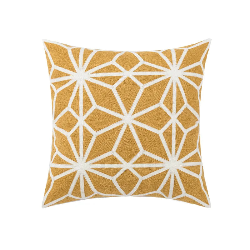 Daisy Floral Geometric Yellow Blue Embroidery Pillow Cushion Cover - Brasss Living