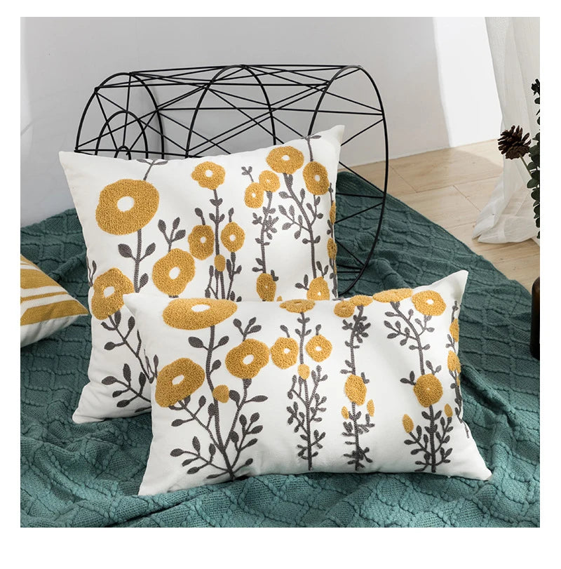 Daisy Floral Geometric Yellow Blue Embroidery Pillow Cushion Cover - Brasss Living