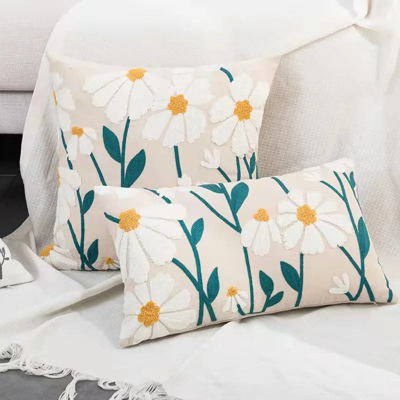 Daisy Floral Geometric Yellow Blue Embroidery Pillow Cushion Cover - Brasss Living