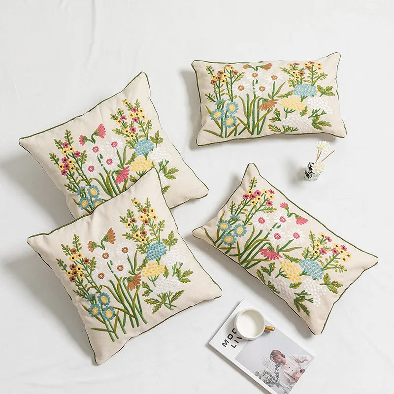 Daisy Floral Yellow Blue Embroidery Pillow Cushion Cover - Brasss Living