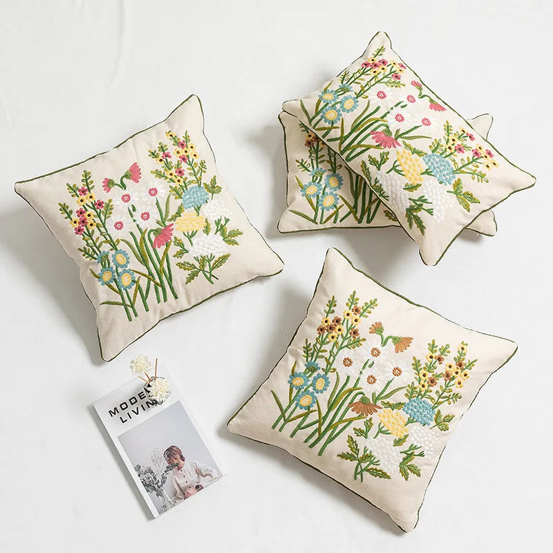 Daisy Floral Yellow Blue Embroidery Pillow Cushion Cover - Brasss Living